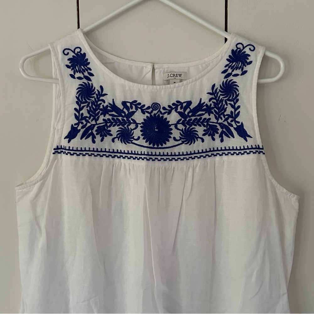 J.Crew Embroidered Dress Sz M White Blue Linen Cotton Lined - Picture 7 of 16